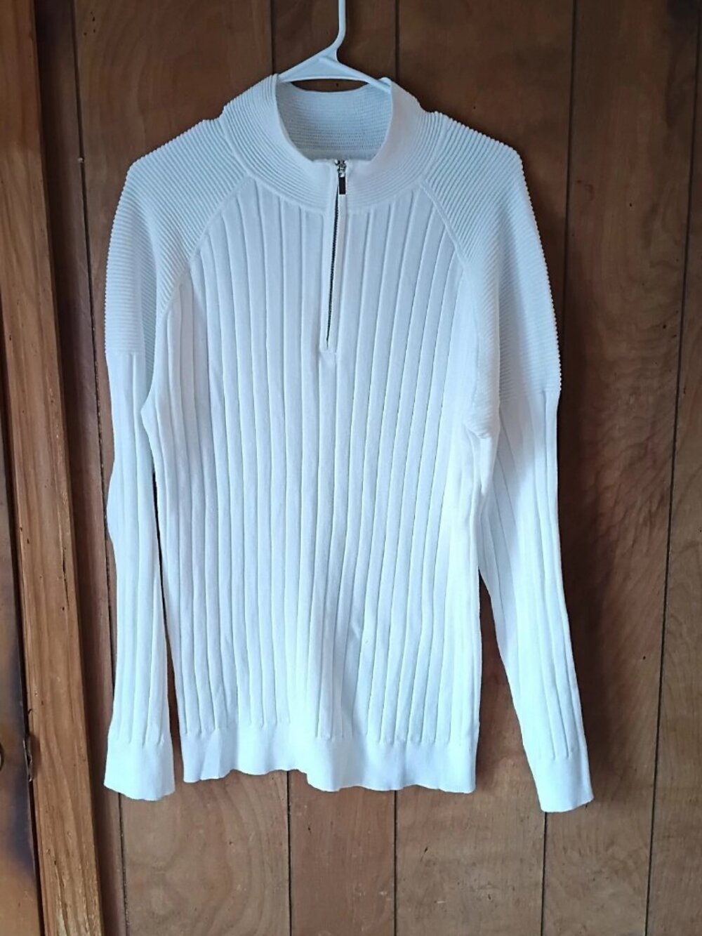 Women’s White Ribbed Quarter Zip Sweater Size L Long Sleeve Pullover